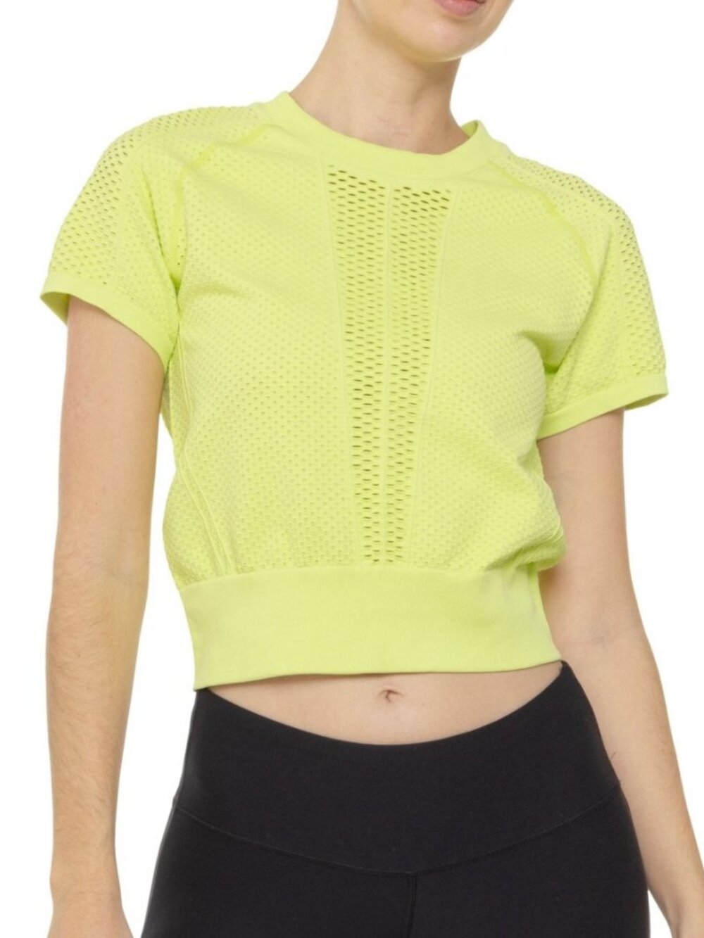 NEW Cond. Lole Exhale Short Sleeve Daiquiri Cropped Top Lime Green Ribbed Knit